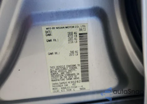 2015 Nissan Altima 2.5 z USA, uszkodzony, nr VIN 1N4AL3AP6FC430282